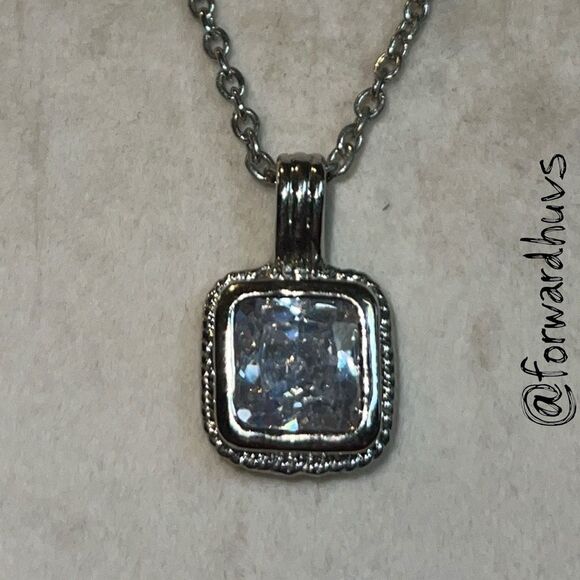 Silver Tone Necklace with Square Glass Pendant – 20” Chain - Picture 5 of 10